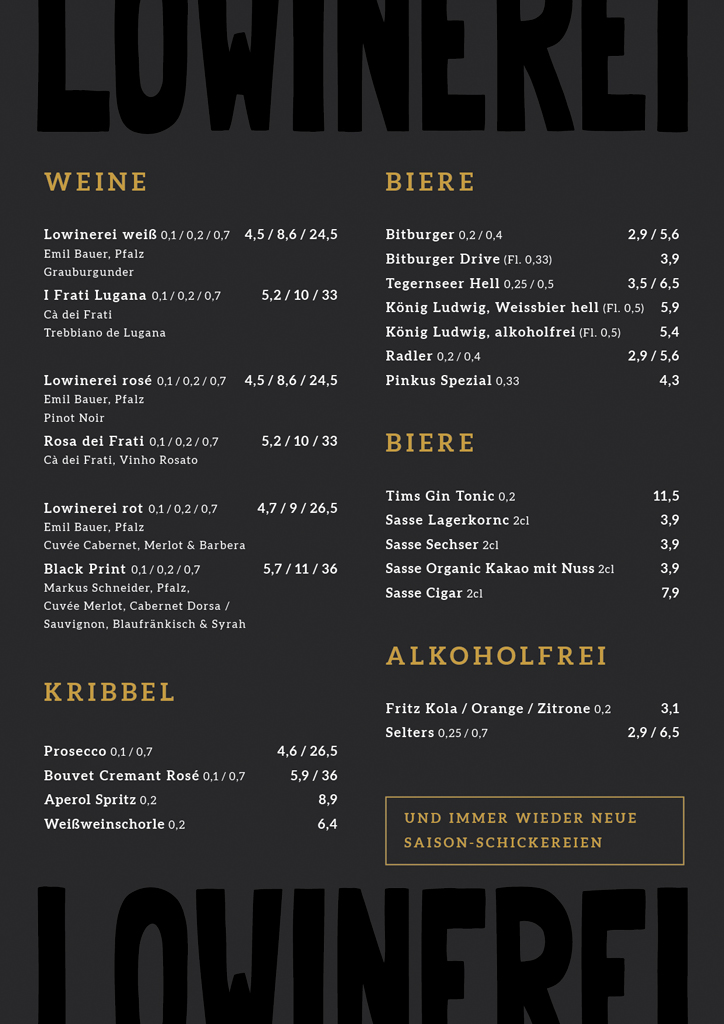 Aktuelle Getränkekarte der Lowinerei